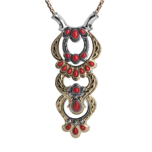 Sterling Silver Brass Red Coral Statement Necklace
